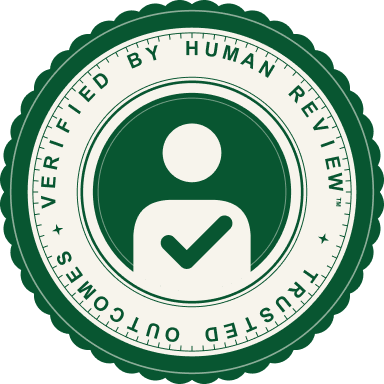 Verified by Human Review seal: a person icon inside a ring reading Verified by Human Review, Trusted Outcomes